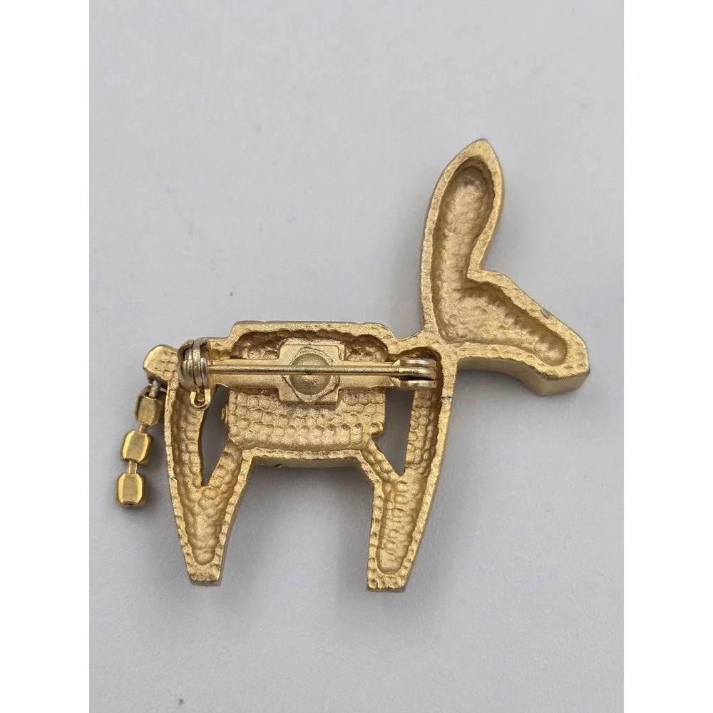 Vintage Gold Tone Donkey Burro Brooch Pin Clear Rhinestones‎ Democrat